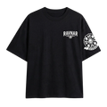 Ravnar black heavyweight cotton t-shirt with white chest logo and detailed skull crest graphic on the sleeve