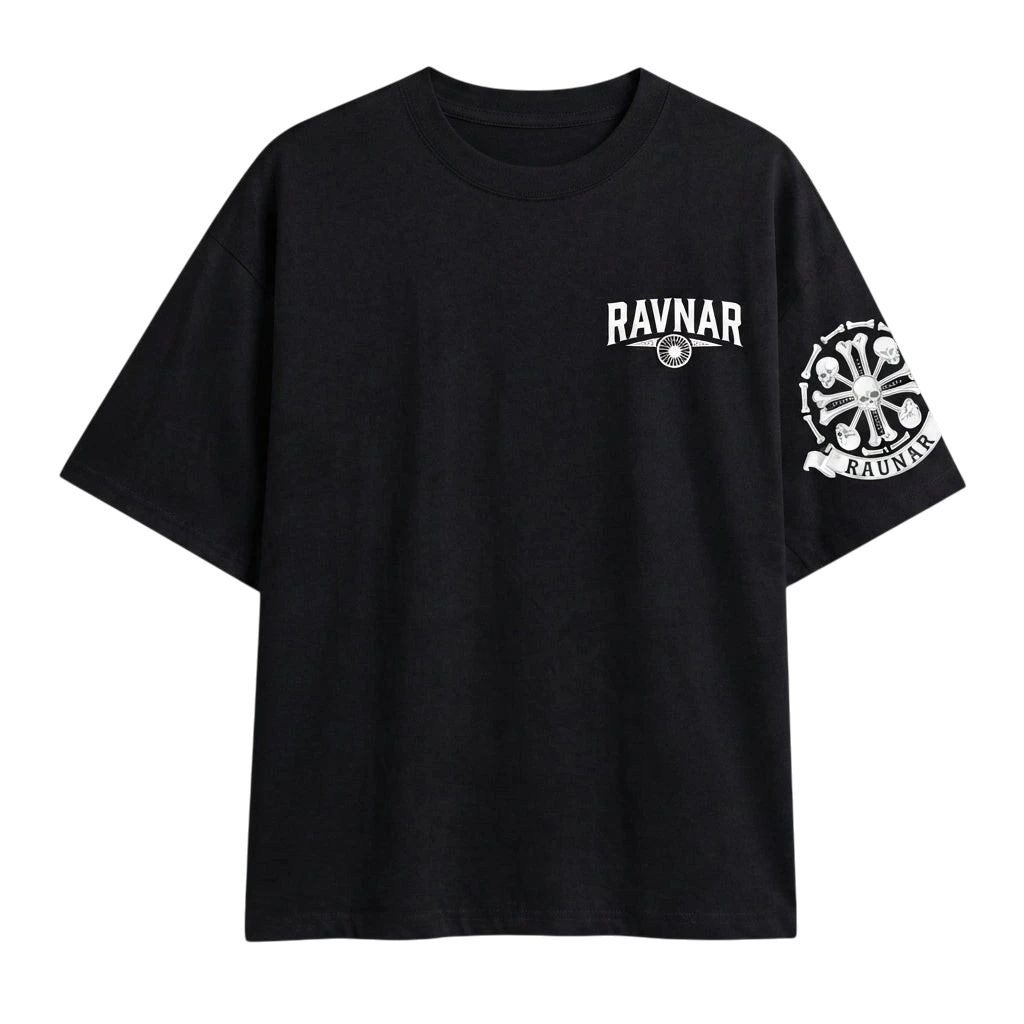 Ravnar black heavyweight cotton t-shirt with white chest logo and detailed skull crest graphic on the sleeve