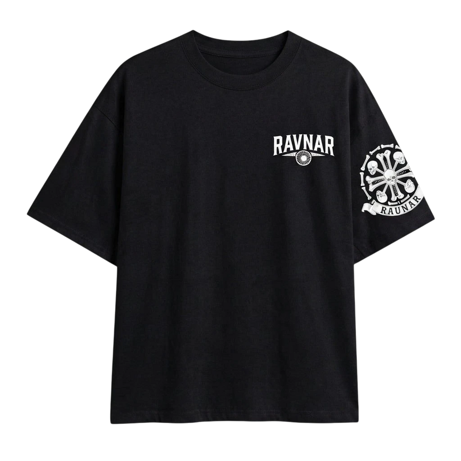 Ravnar black heavyweight cotton t-shirt with white chest logo and detailed skull crest graphic on the sleeve