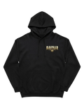 Ravnar Crown of Bones black heavyweight hoodie with a gold logo on the chest and a structured fit.