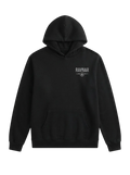 Ravnar black heavyweight hoodie featuring a structured silhouette and a small chest logo on a premium cotton fabric.