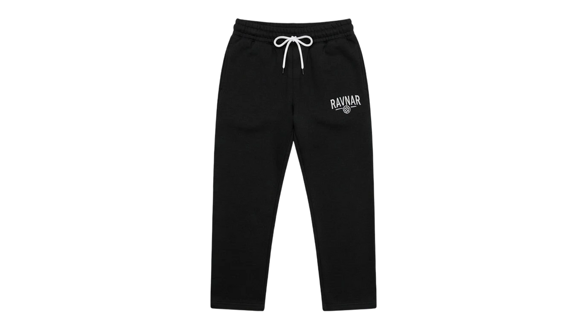 Ravnar black heavyweight sweatpants with a structured fit, white drawstring, and branded logo on the thigh.