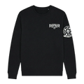 Ravnar black heavyweight sweatshirt with white chest logo and detailed skull and bone graphic on the left sleeve.