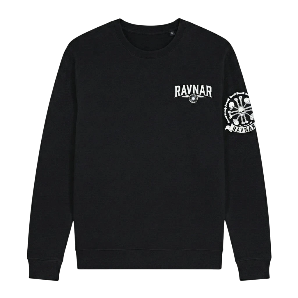 Ravnar black heavyweight sweatshirt with white chest logo and detailed skull and bone graphic on the left sleeve.