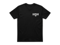 Ravnar black heavyweight cotton t-shirt with white chest logo print and structured fit for luxury streetwear.
