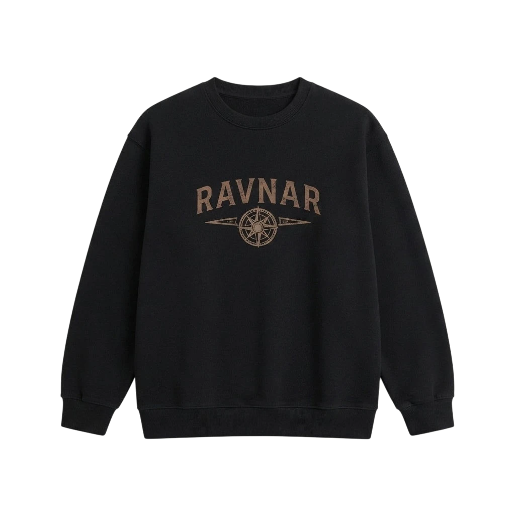 Ravnar black heavyweight cotton sweatshirt featuring a vintage-style NorthStar compass graphic on the chest.