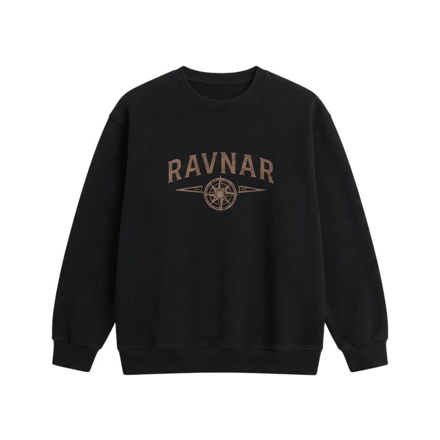Ravnar black heavyweight cotton sweatshirt featuring a vintage-style NorthStar compass graphic on the chest.