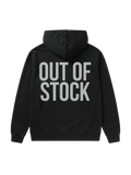Ravnar black heavyweight hoodie with Out of Stock text printed on the back, featuring a structured fit.