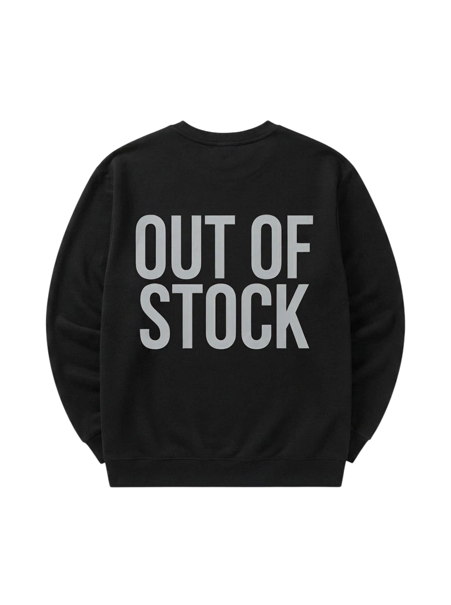 Ravnar black heavyweight sweatshirt featuring Out Of Stock text in grey on the back for luxury streetwear style.