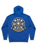 Back view of a blue Ravnar Crown of Bones hoodie featuring a detailed skull and bone graphic print.