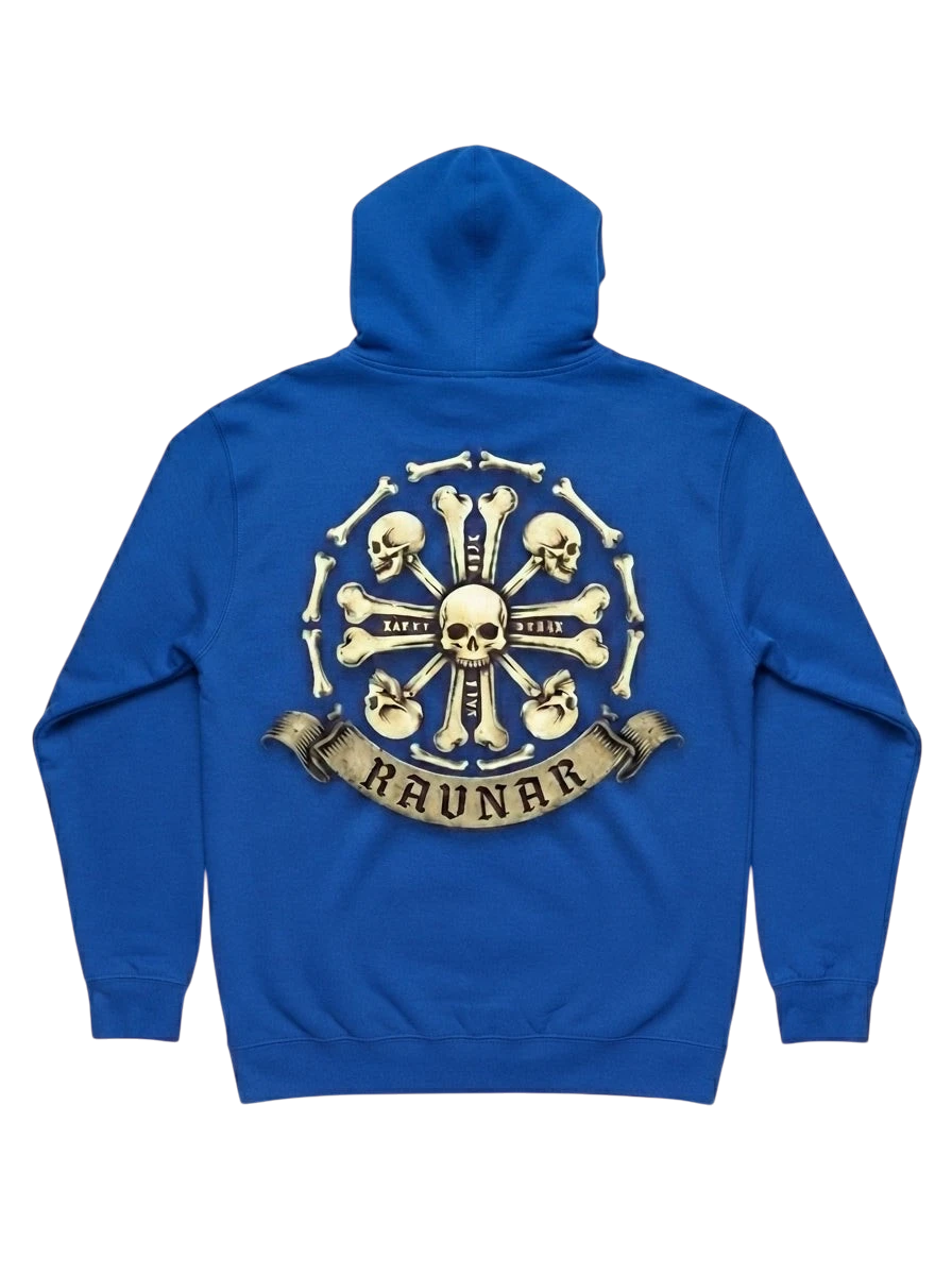 Back view of a blue Ravnar Crown of Bones hoodie featuring a detailed skull and bone graphic print.