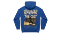 Ravnar The Cult blue heavyweight cotton hoodie featuring a graphic print on the back with distressed text.