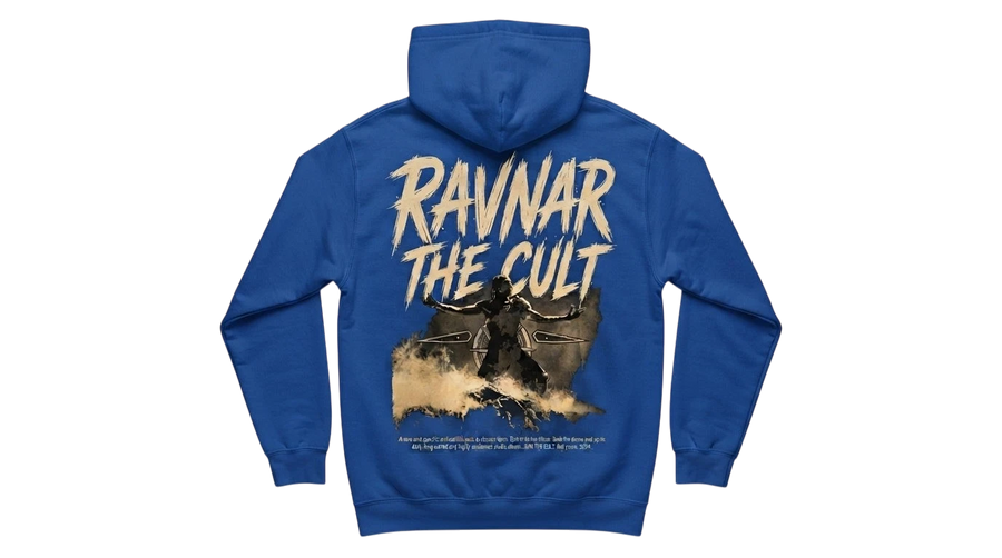 Ravnar The Cult blue heavyweight cotton hoodie featuring a graphic print on the back with distressed text.