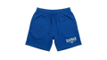 Ravnar blue heavyweight cotton shorts with an elastic drawstring waistband and white logo on the leg