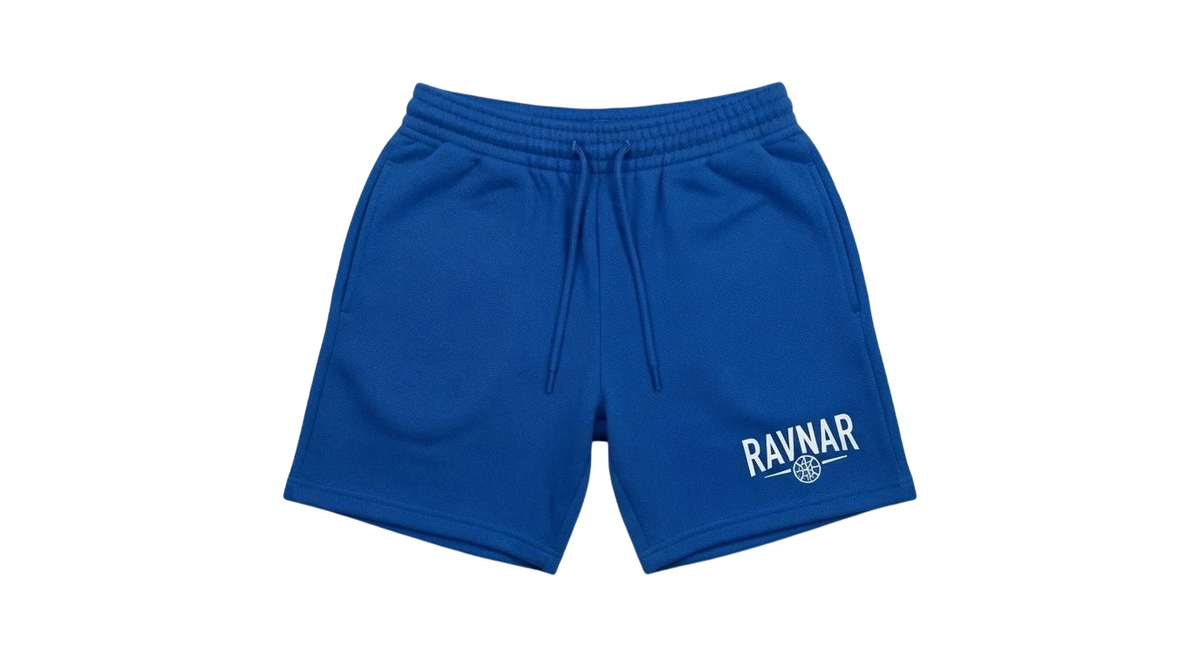 Ravnar blue heavyweight cotton shorts with an elastic drawstring waistband and white logo on the leg