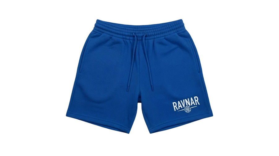 Ravnar blue heavyweight cotton shorts with an elastic drawstring waistband and white logo on the leg
