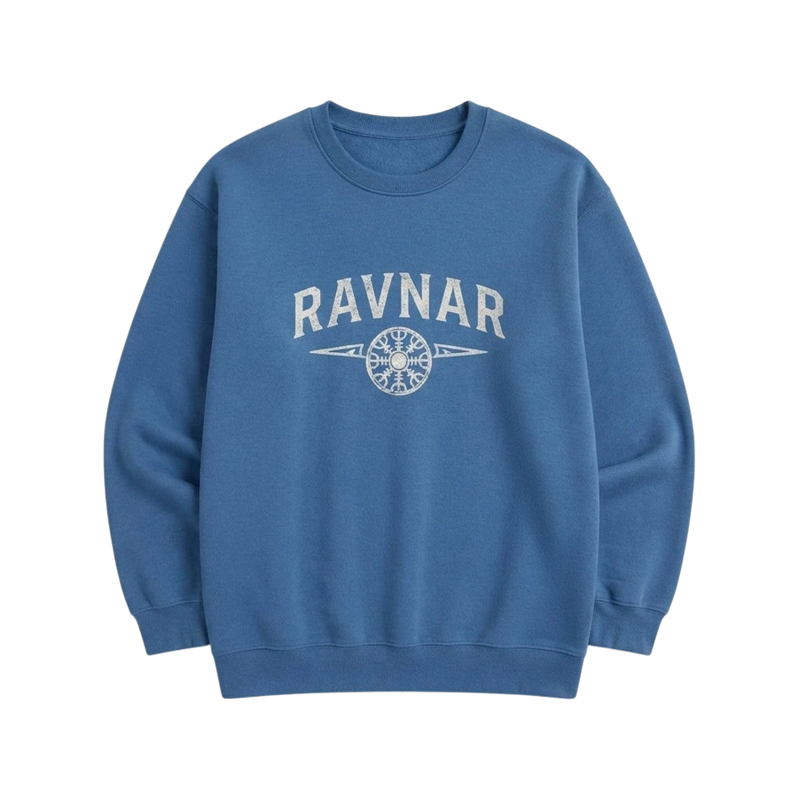Ravnar blue heavyweight cotton sweatshirt featuring a white distressed logo and NorthStar graphic on the chest.