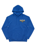 Ravnar Crown of Bones blue heavyweight hoodie with a gold logo on the chest and a structured fit.
