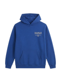 Ravnar blue heavyweight hoodie with a structured silhouette and small chest logo on a clean white background