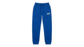 Ravnar blue heavyweight sweatpants with a structured fit, elasticated cuffs, and white brand logo on the thigh.