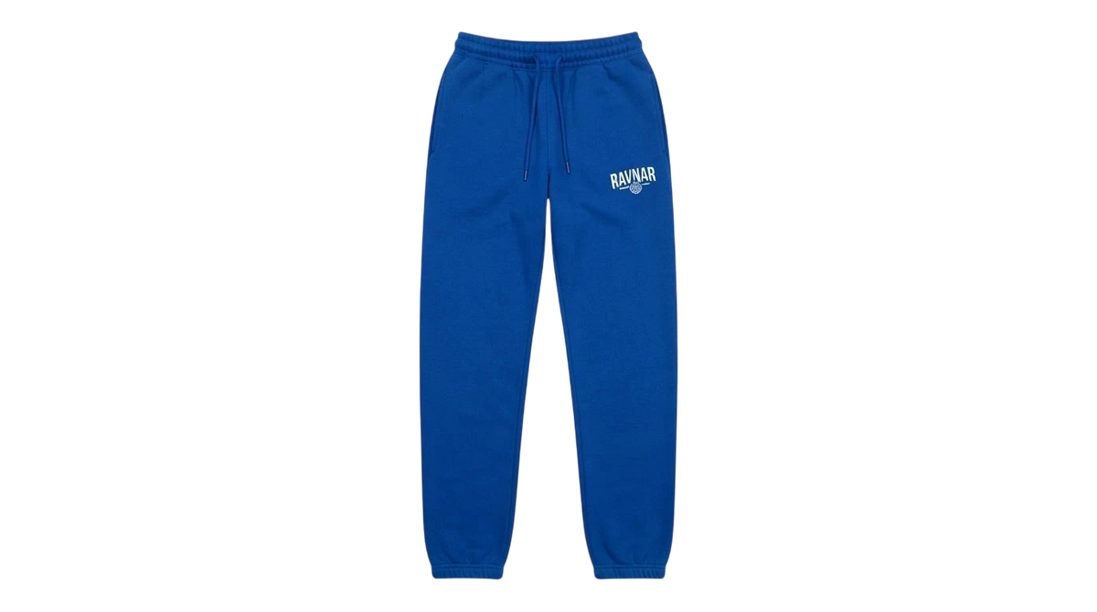 Ravnar blue heavyweight sweatpants with a structured fit, elasticated cuffs, and white brand logo on the thigh.