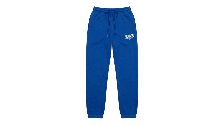 Ravnar blue heavyweight sweatpants with a structured fit, elasticated cuffs, and white brand logo on the thigh.
