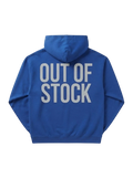 Ravnar blue heavyweight hoodie with Out of Stock printed on the back in a structured, luxury streetwear style.