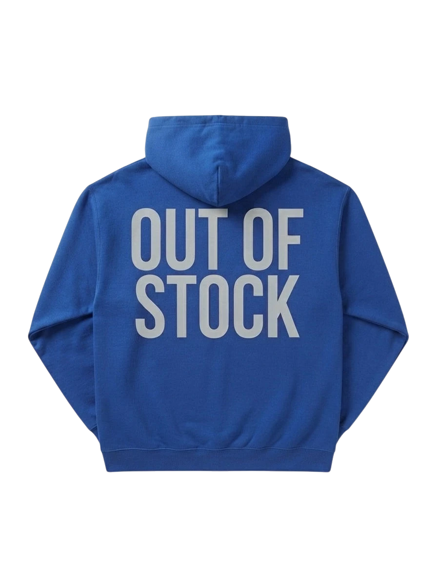Ravnar blue heavyweight hoodie with Out of Stock printed on the back in a structured, luxury streetwear style.