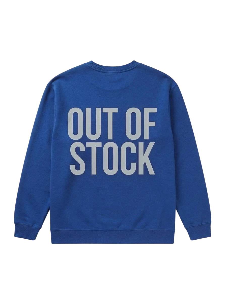 Ravnar blue heavyweight sweatshirt featuring Out Of Stock text on the back in a structured, premium fit.
