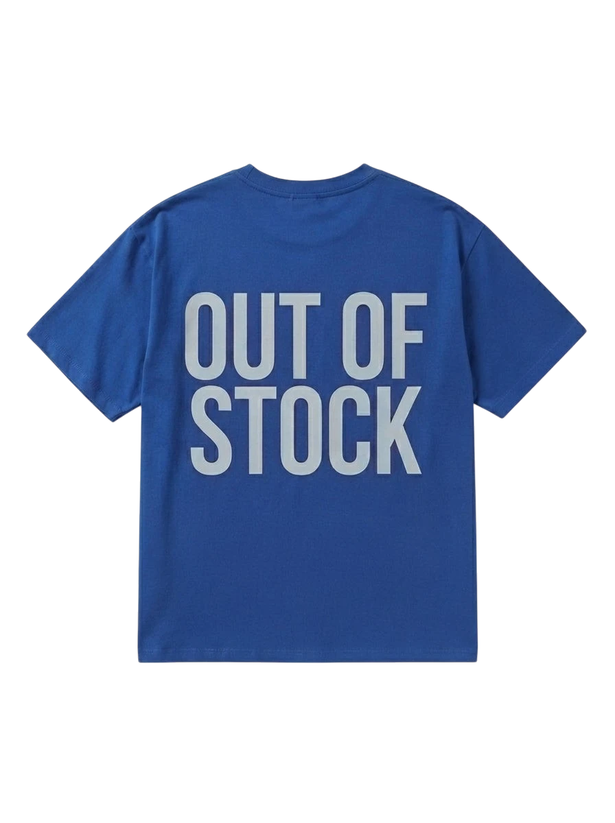 Ravnar blue heavyweight cotton t-shirt with Out Of Stock text printed on the back in a structured streetwear fit