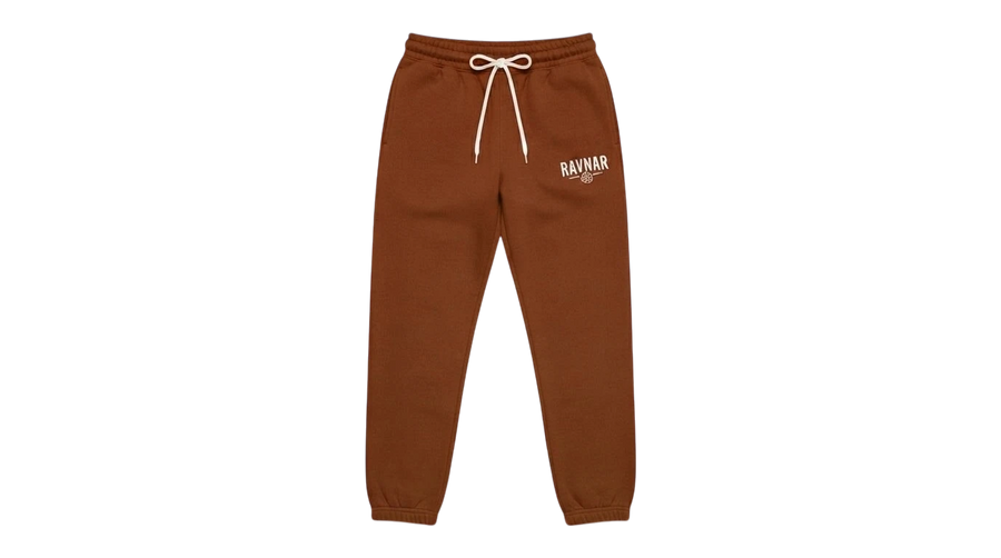 Ravnar brown heavyweight sweatpants with a drawstring waist and white logo embroidery on the left hip.