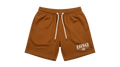 Ravnar brown heavyweight cotton mesh shorts with white drawstring and logo detail on the leg