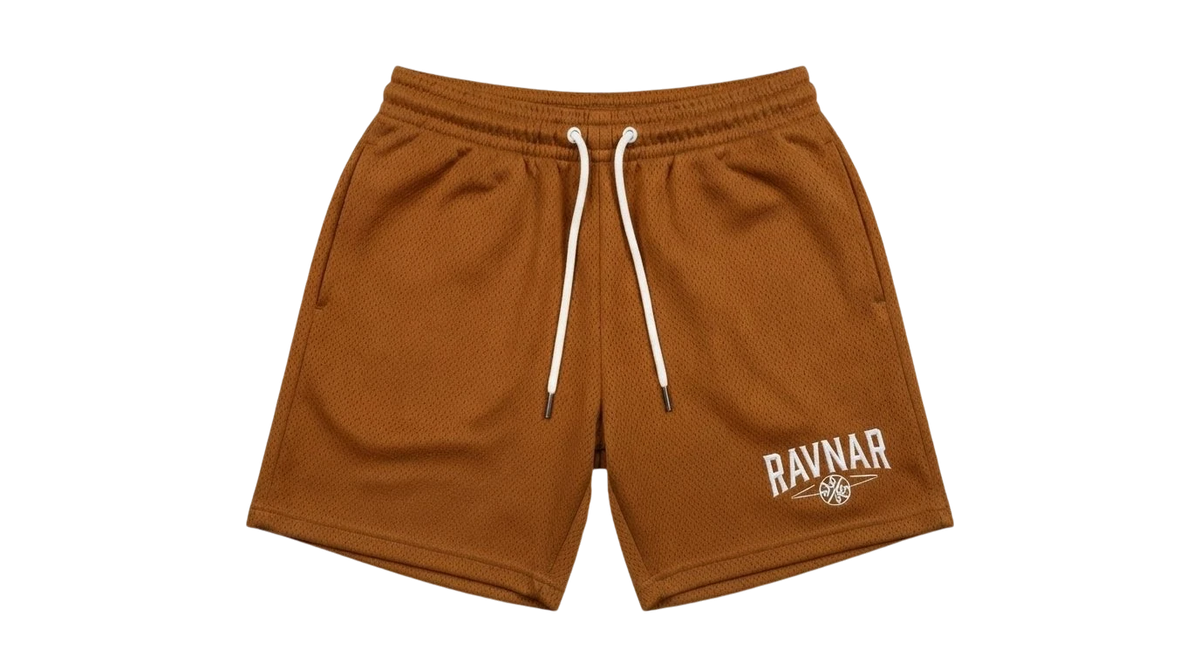 Ravnar brown heavyweight cotton mesh shorts with white drawstring and logo detail on the leg