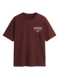 Ravnar Out Of Stock heavyweight burgundy t-shirt with a white chest logo and structured silhouette.