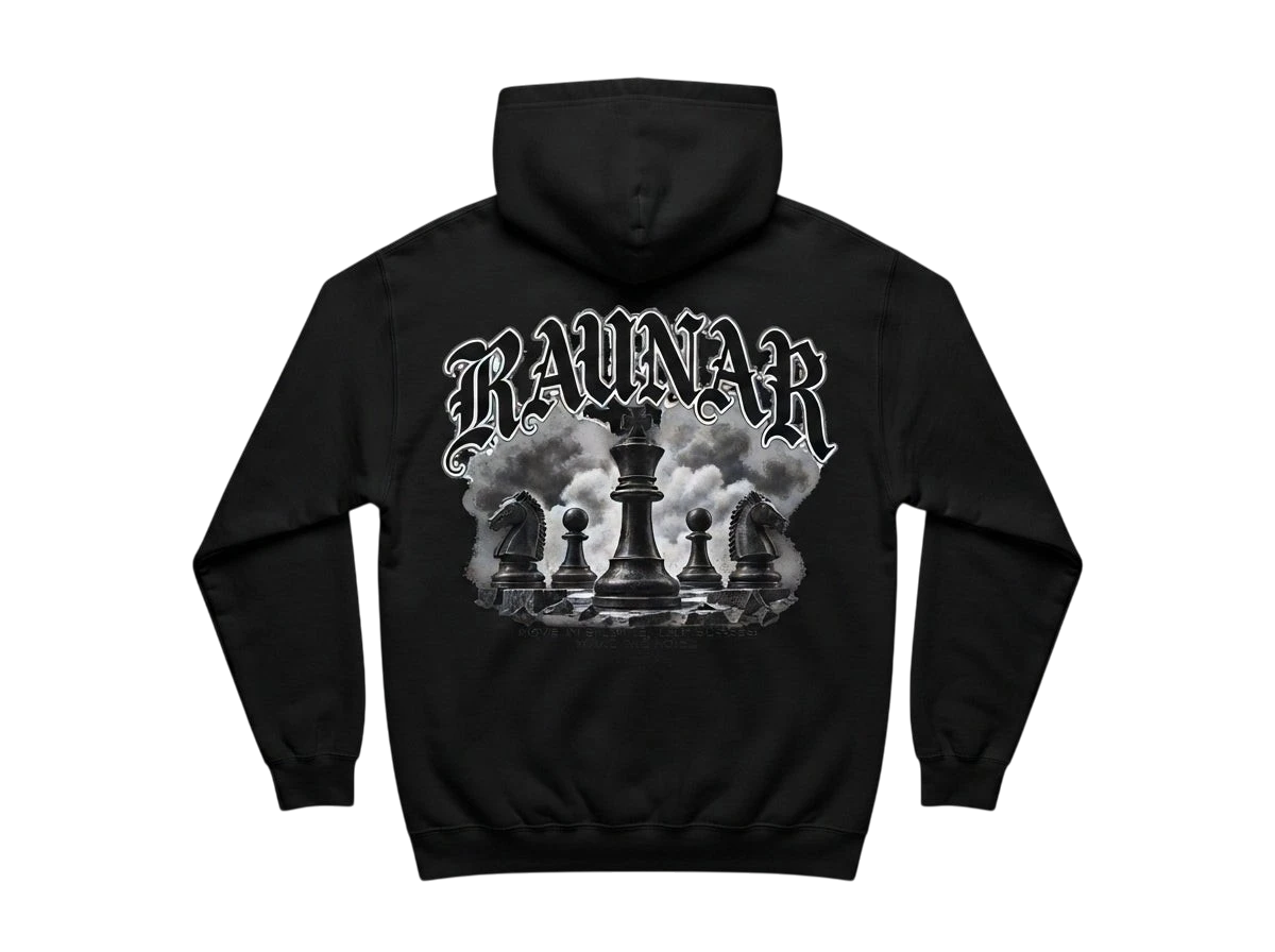 Ravnar Chackmate black heavyweight hoodie featuring a detailed chess piece graphic on the back