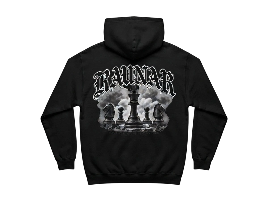Ravnar Chackmate black heavyweight hoodie featuring a detailed chess piece graphic on the back