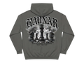 Back view of Ravnar Chackmate hoodie in charcoal grey featuring a black chess piece graphic and gothic typography.