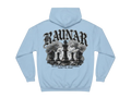 Back view of Ravnar Chackmate hoodie in light blue with black chess piece graphic and gothic brand lettering