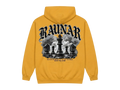 Ravnar Chackmate hoodie in mustard yellow featuring a back graphic of chess pieces and gothic typography