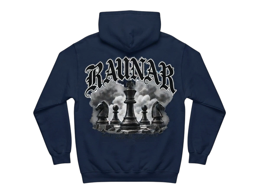 Ravnar Chackmate navy heavyweight hoodie featuring a detailed chess piece graphic on the back