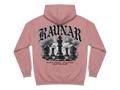Ravnar Chackmate hoodie in dusty pink with a back graphic of black chess pieces and gothic text on heavyweight fabric.
