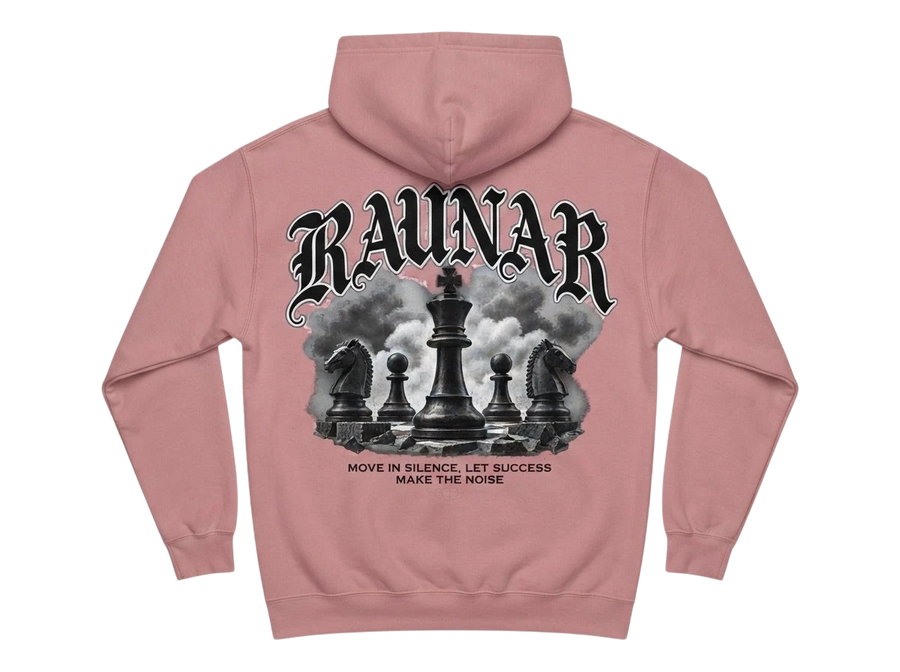 Ravnar Chackmate hoodie in dusty pink with a back graphic of black chess pieces and gothic text on heavyweight fabric.