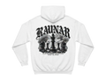 Back view of a white Ravnar Chackmate hoodie featuring a black chess-themed graphic with gothic typography.