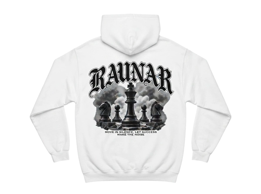 Back view of a white Ravnar Chackmate hoodie featuring a black chess-themed graphic with gothic typography.