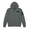 Ravnar Crest hoodie in charcoal grey featuring a black logo on the chest and a detailed circular graphic on the sleeve