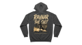 Back view of a Ravnar charcoal grey heavyweight cotton hoodie featuring a graphic print of a warrior figure.