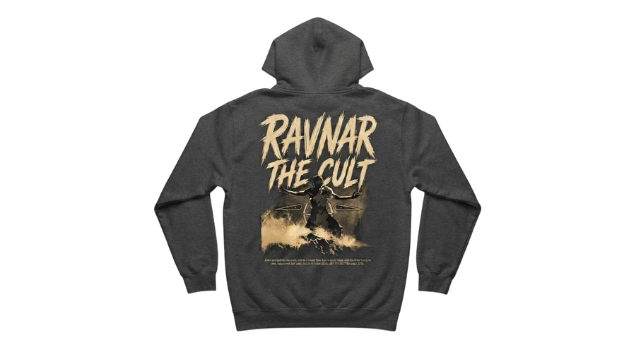 Back view of a Ravnar charcoal grey heavyweight cotton hoodie featuring a graphic print of a warrior figure.