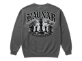 Ravnar charcoal grey heavyweight sweatshirt featuring a back graphic of chess pieces and gothic brand lettering.