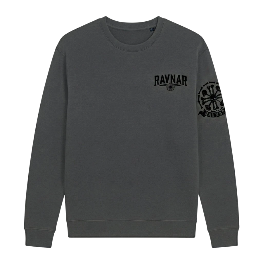 Ravnar charcoal grey heavyweight sweatshirt with black crest logo on chest and sleeve