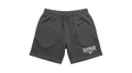 Ravnar charcoal grey heavyweight cotton shorts with a relaxed fit, drawstring waist, and white brand logo detail.